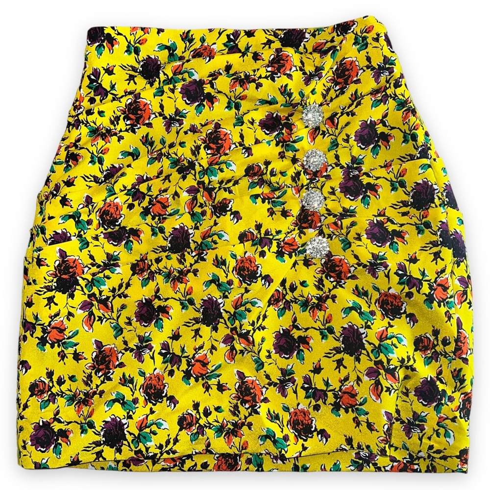 NEW Zara Yellow Floral Skirt Zip Up - Rouched with Diamond Studded Beads